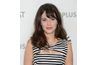 Zooey Deschanel's signature style keeps her hair combed forward and at the sides, showing off her sweeping bangs.