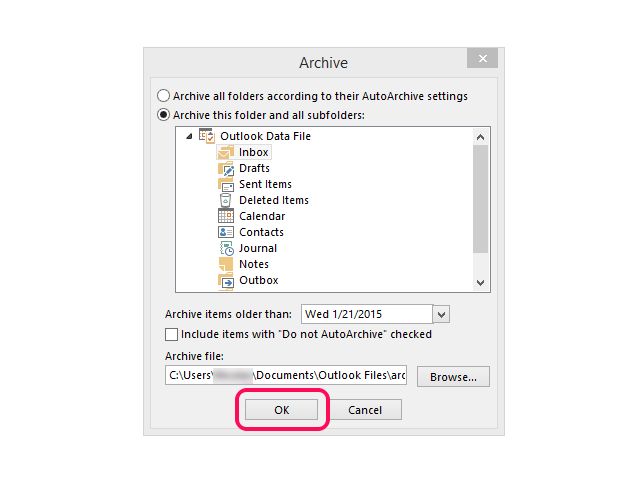 Perspective's default location for archives is the Outlook Files folder in the Documents library.