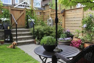 Une clôture en bois, treillis et des plantes en pot dans une cour privée.